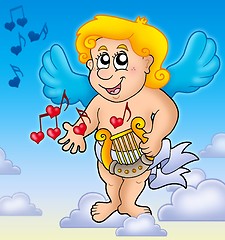 Image showing Cupid playing harp on sky