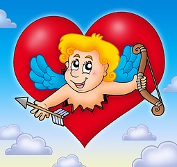 Image showing Cupid lurking from heart on sky