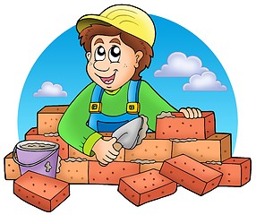 Image showing Cartoon bricklayer with clouds