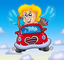 Image showing Cupid in red car on sky