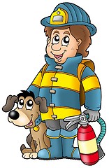 Image showing Firefighter with dog and extinguisher