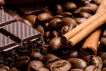 Image showing chocolate, coffee and cinnamon sticks