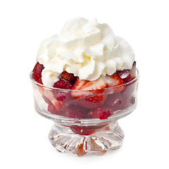 Image showing Fresh raspberries and strawberries with whipped cream