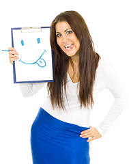 Image showing woman drawing smile and hanging out her toungue