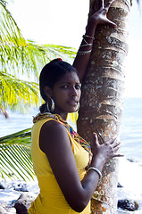 Image showing pretty hispanic black woman native nicaragua portrait with palm 