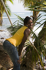 Image showing pretty hispanic black woman native nicaragua portrait with palm 