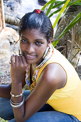 Image showing pretty hispanic black woman native nicaragua portrait with palm 