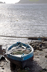 Image showing hand built native fishing boat on shore bequia