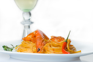 Image showing pasta and spicy shrimps