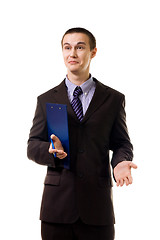 Image showing surprised young man stand in formal clothes