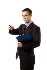 Image showing Confedent young business person point with pen