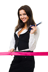 Image showing Happy business woman ready to cut red ribbon