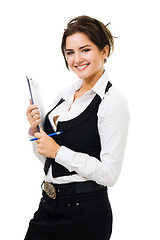 Image showing Happy business woman with tablet and pen smiling