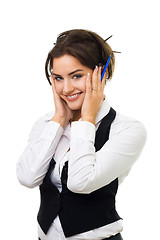 Image showing Business woman with amazing smile holding cheeks