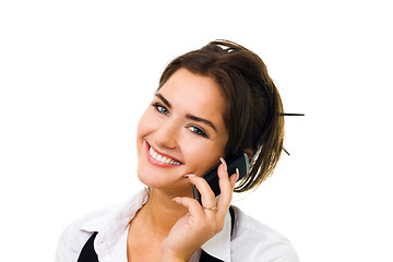 Image showing Smiling woman speak on cell phone