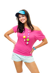 Image showing Happy woman standing in pink and blue smile