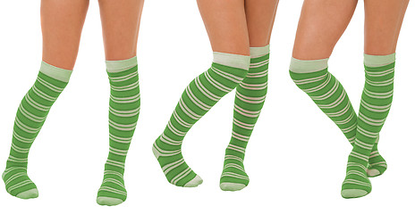 Image showing Pairs of women legs in green socks