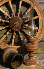 Image showing Betty Lamp, Jug And Spinning Wheel