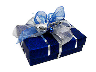 Image showing Blue gift box with silver ribbon