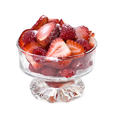 Image showing Fresh raspberries and strawberries in dish