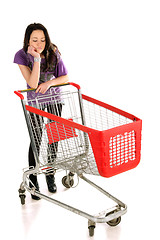 Image showing Unhappy girl with shopping cart