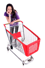 Image showing Unhappy girl with shopping cart 