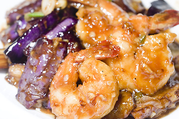 Image showing eggplant in garlic sauce with jumbo shrimp