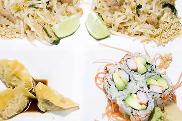 Image showing combination plate of pai thai rice noodles food california rolls