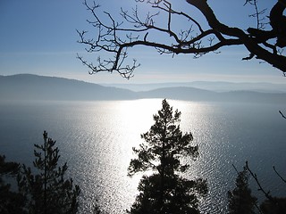 Image showing Fjord view with sun reflection