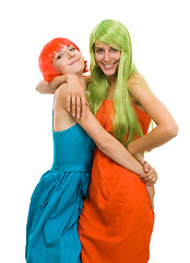 Image showing Two happy woman with color hair and dress