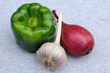 Image showing Green Pepper, Garlic And Onion Bulbs