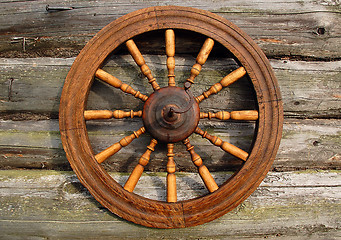 Image showing Spinning Wheel On The Log House Wall