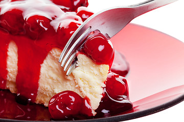 Image showing Cherry Cheesecake with Fork