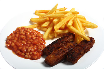 Image showing Fish fingers, baked beans and chips