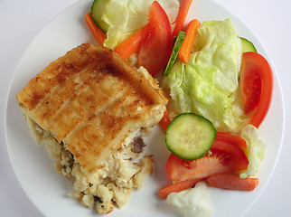 Image showing Fish pie and salad from above