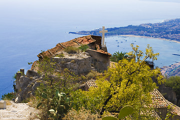 Image showing City of Taormina,church and sea bay