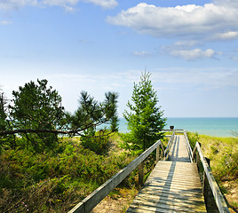 Image showing Wooden walkway over dunes at beach