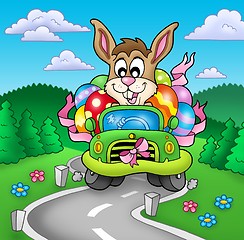 Image showing Easter bunny driving car on road