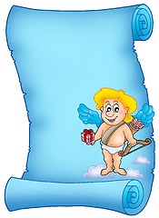 Image showing Blue scroll with Cupid holding gift