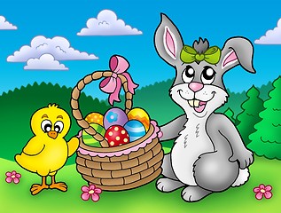 Image showing Cute Easter bunny and chicken