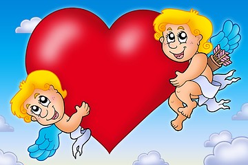 Image showing Two Cupids holding heart on sky