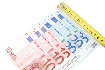 Image showing Tape measure and Euro bills (concept of financial crisis)