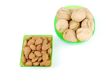 Image showing Almond and walnuts on a green cup's