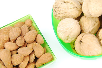 Image showing Almond and walnuts on a green cup's