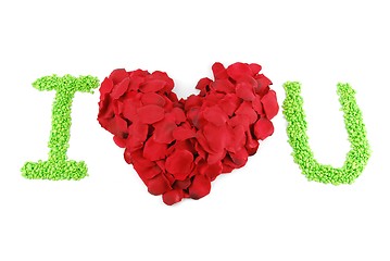 Image showing I LOVE U, Red heart made of rose petals for Valentine's Day