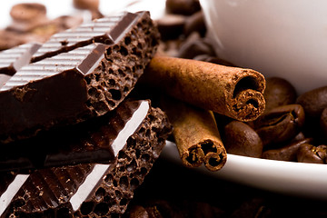 Image showing coffee beans, cinnamon and black chocolate