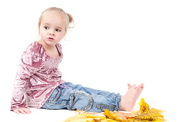 Image showing Toddler with maple leaves