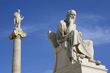 Image showing Statues of Socrates and Apollo in Athens, Greece