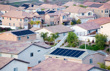 Image showing Contemporary Neighborhood Roof Tops with Solar Panels