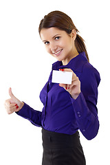 Image showing woman holding blank business card giving thumbs up 